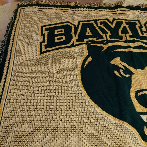 Baylor University Bears Throw Blanket Woven Cotton Green Gold Fringe Edges Colle - Picture 2 of 8